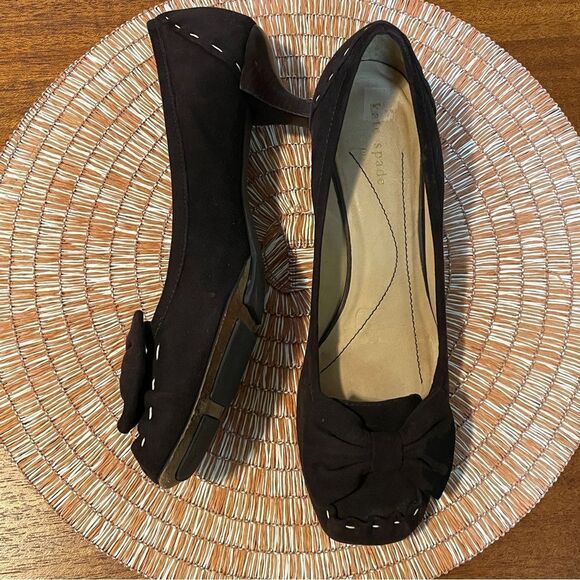 Kate Spade Kitten Moccasin Suede Leather Heels Brown With Cream Stitching 9.5 - Picture 1 of 16